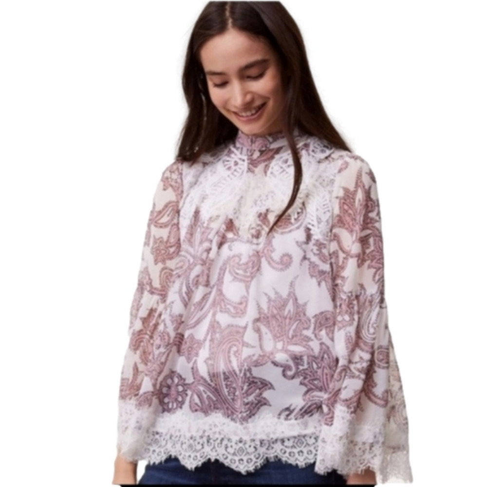 Loft Long Sleeves Mesh Sheer Prined Pastel Paisley Lace Blouse Top Stand Collar